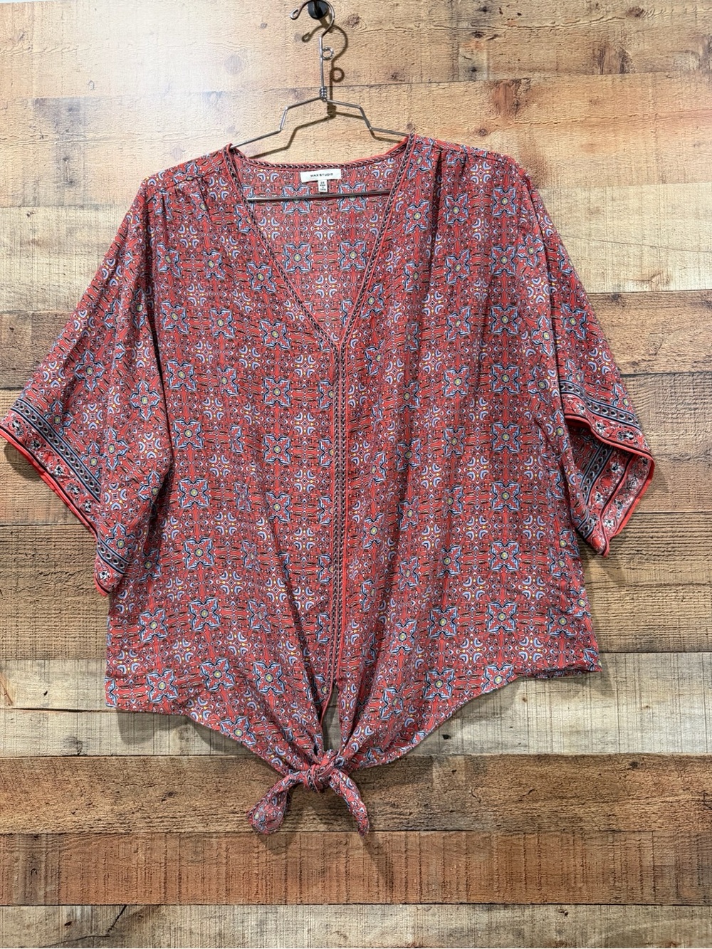 Max Studio Boho Rust Burnt Orange Floral Tie-Front Printed V-Neck Blouse Size 2X